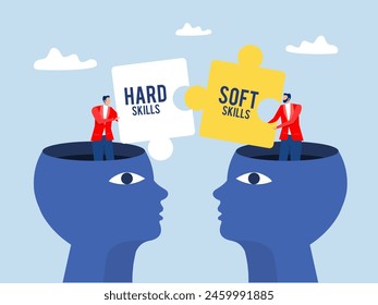 Geschäftsfrau und Mann, die zwei Stücke zwischen Hard VS Soft Skills Concept auf dem großen Kopf der menschlichen Ideenentwicklung halten, Multiple Intelligences Vektorillustration