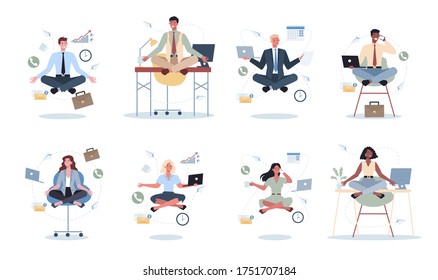 Business woman and man in lotus pose set. Employee meditate against stress. Deadline concept. Idea of many work and few time. Flat vector illustration