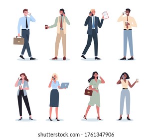 Business woman and man with mobile phone set. Collection of female and male character in suit holding smartphone. Isolated flat vector illustration