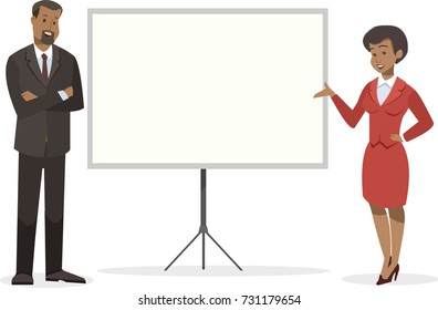 business woman and man in the office showing presentation on whiteboard vector illustration