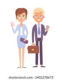 Business woman and man with phone cartoon vector illustration. Elegant smart confident professionals at office, Women and men in politics and business. Work, career, success. Diverse leadership team.