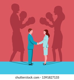 Business woman and man shake hands in workplace while their shadows face each other like boxers. Conceptual illustration representing hypocrisy