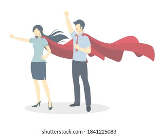 Business woman and business man stand and pointing hand to the front.Concept super hero of business.Flat design style,isolated on white background.Vector illustration about business and financial.