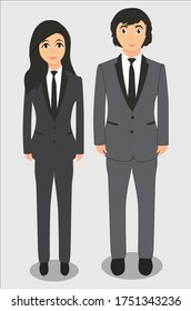 business woman and man standing characters wearing suits, colored vector illustration