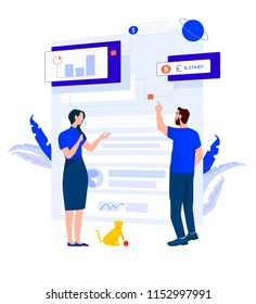 Business woman and man standing near the document with charts and graphs, diagrams, money and crypto. On background plants. Below the cat, and from above the planet