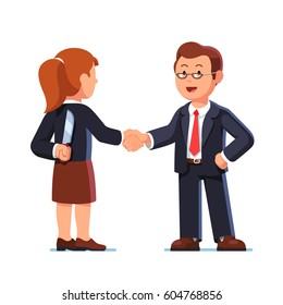 Business woman and man standing together and shaking each other hands while one holding knife behind back. Treacherous deal, fraud or betrayal. Hiding killer concept. Flat style vector illustration