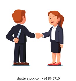 Business woman and man standing together shaking hands. Businessman holding knife behind his back. Treacherous deal or betrayal metaphor. Hiding killer concept. Flat style vector illustration.