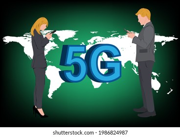 Business woman and man standing and using smartphone for connection by technology, concept Anytime Anywhere connection to Global network vector illustration 