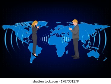 Business woman and man standing and using smartphone for connection by technology, concept Anytime Anywhere connection to Global network vector illustration 
