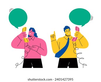 La mujer de negocios y el hombre de negocios están hablando por teléfono. Comunicación por teléfono fijo. Ilustración vectorial plana aislada en fondo blanco
