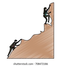 business woman and man trying to climb to the top of rock in pencils colored silhouette vector illustration