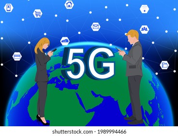 Business woman and man using smartphone for connection by technology, concept Anytime Anywhere connection to Global network vector illustration 