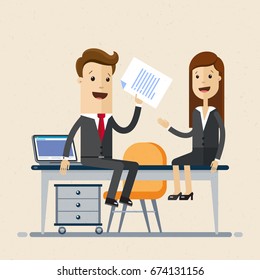 Business woman and man work together.  Office people, work in office, workplace.  Vector, illustration, flat 