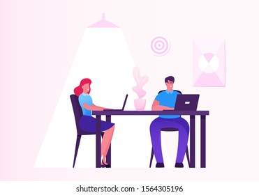 Business Woman and Man Working on Personal Computer in Creative Office Workplace. Hardwork Male Female Characters Corporate Company Workers Sitting at Desk Work on Pc. Cartoon Flat Vector Illustration