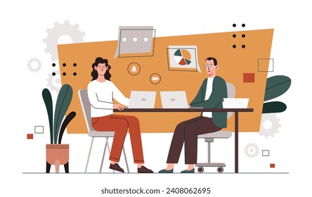 Business woman and man at workplace. Partners and colleagues sitting with laptops in office. Collaboration and cooperation. Workers with graphs and diagrams. Cartoon flat vector illustration