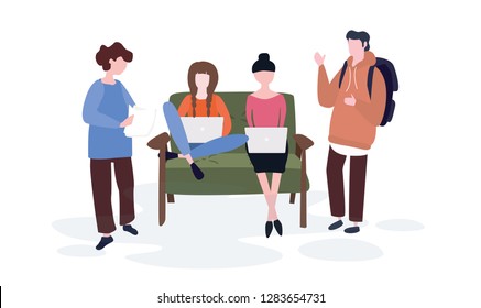 Business woman, man works with laptop, freelancer, freelance, co working, workflow, work from home, outsourcing, successful teamwork, brainstorming, startup, office work,  vector illustration for web