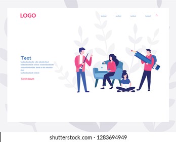 Business woman, man works with laptop, freelancer, freelance, co working, workflow, work from home, outsourcing, successful teamwork, brainstorming, startup, office work,  vector illustration for web