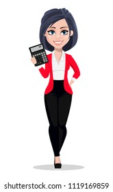 Business woman, manager, banker. Beautiful female banker in business suit. Pretty cartoon character holding calculator. Vector illustration on white background