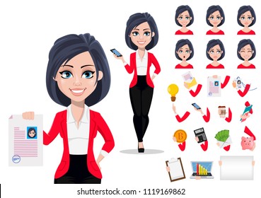 Business Woman, Manager, Banker. Beautiful Female Banker In Business Suit. Pack Of Body Parts, Emotions And Things. Build Your Personal Design. Vector Illustration