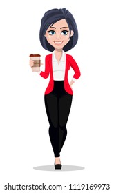 Business woman, manager, banker. Beautiful female banker in business suit. Pretty cartoon character holding coffee. Vector illustration on white background