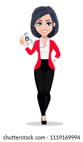 Business woman, manager, banker. Beautiful female banker in business suit. Pretty cartoon character showing badge. Vector illustration on white background