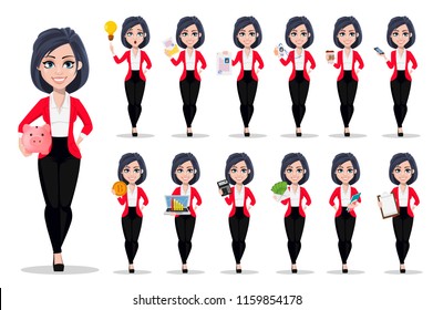 Business woman, manager, banker. Beautiful female banker in business suit. Pretty cartoon character, set of thirteen poses. Vector illustration on white background