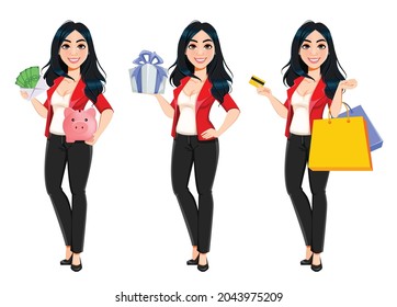 Business woman, manager, banker, beautiful successful girl, set of three poses