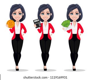 Business woman, manager, banker, set of three poses. Beautiful banker in business suit. Cartoon character holding bitcoin, holding calculator and holding envelope with money. Vector illustration