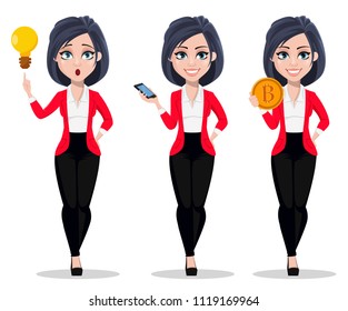 Business woman, manager, banker, set of three poses. Beautiful banker in business suit. Cartoon character having a good idea, holding smartphone and holding bitcoin. Vector illustration