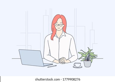 Business, woman manager in office concept. Young happy smiling businesswoman clerk cartoon character sitting at work table with coffee and laptop. Company leader boss looking at camera illustration.