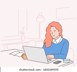 Business, woman manager in office concept. Young happy smiling businesswoman clerk cartoon character sitting at work table with coffee and laptop.