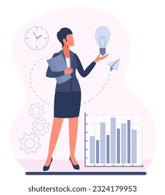 Business woman manager, scientist in a suit with a folder works with an idea and a schedule. Concept idea of business, management, scientific research, brainstorming, planning. Vector illustration