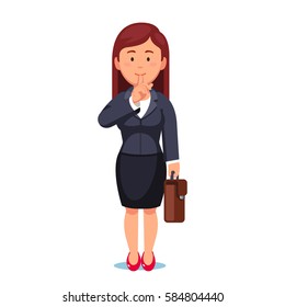 Business woman manager standing with briefcase making silence - be quiet, shh or don't speak gesture holding right hand index finger to her lips. Modern flat style vector isolated illustration.