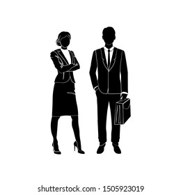 Business woman, manager standing with his arms crossed on his chest vector. Businessman standing with a case, a briefcase in hand. Vector illustration black on white background.