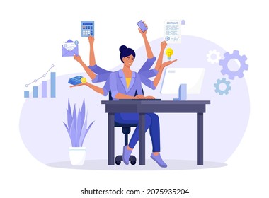 Business Woman With Many Arms Sitting At Her Laptop In Office And Doing Many Tasks At The Same Time. Freelance Worker. Multitasking Skills, Effective Time Management And Productivity Concept