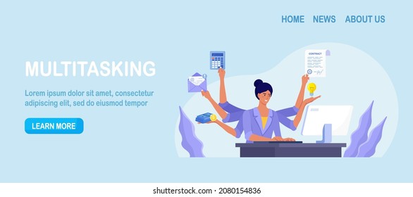 Business woman with many arms sitting at her laptop in office and doing many tasks at the same time. Freelance worker. Multitasking skills, effective time management and productivity concept