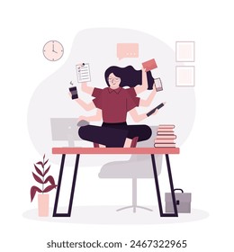 Mujer de negocios con muchos brazos sentada en el escritorio en la oficina y haciendo muchas tareas al mismo tiempo. Trabajador independiente. Habilidades multitarea, gestión eficaz del tiempo y concepto de productividad. Vector plano