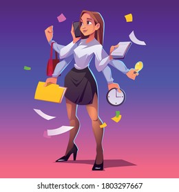 Business woman with many hands. Concept of professional multitask. Vector cartoon character secretary, manager or boss with phone, clock, note pad and bag in arms. Multitasking businesswoman