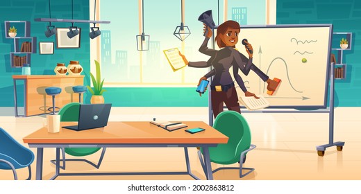 Business woman with many hands make presentation in office with white marker board. Multitask concept. Vector cartoon illustration of businesswoman with smartphone, speaker and documents in arms