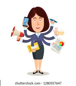 Business Woman With Many Hands And Tasks. Juggling Worker. Multitasking Concept. Business Vector Flat Illustration Isolated On White Background.  