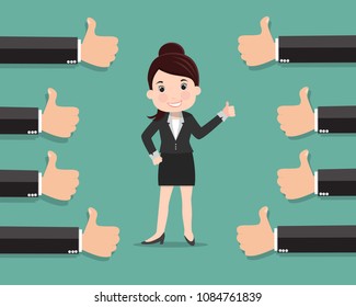 Business woman and many hands with thumbs up , Likes and positive feedback concept - vector illustration