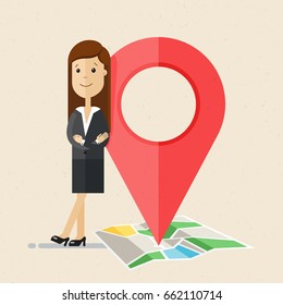 Business woman with Map pointer. Business location. Vector, illustration, flat