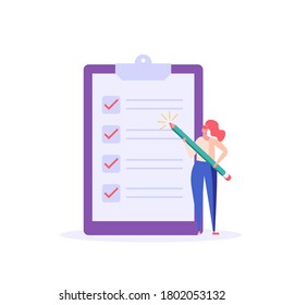 Business woman marks on the to-do list with giant pencil. Concept of notes, online exam, checklist. Online survey form with characters. Flat vector illustration for UI, web banner, mobile app