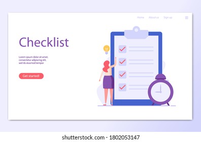 Business woman marks on the to-do list with giant clock. Concept of notes, online exam, checklist. Online survey form with characters. Flat vector illustration for UI, web banner, mobile app