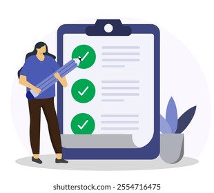 Business woman marks on the to-do list with giant pencil. Survey document. Checklist form for feedback or questionnaire pool. Flat vector illustration. 