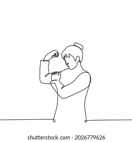 business woman is measuring her biceps - one line drawing. the concept of "we can do it!" 