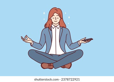 Business woman meditates and practices yoga to get rid bad emotions or learn zen buddhism. Girl in business clothes smiles floating in air and meditates in lotus position, leading healthy lifestyle.