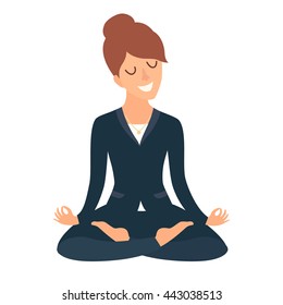 Business woman meditating. Concept of calm business, work at office. Happy worker. Woman in yoga pose, lotus position. Cartoon style vector illustration isolated on white background