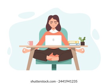 Business Woman Meditating. Employee Meditating and Relaxing in Office in Yoga Pose. Cartoon Flat Vector Illustration.