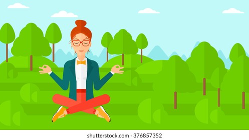 Business woman meditating in lotus pose.